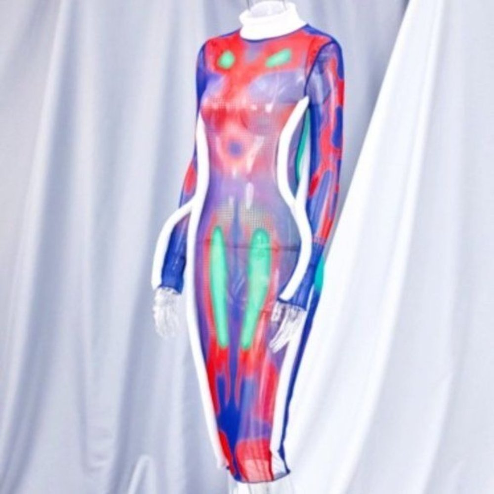 STASIA 3006: Infrared Body 5th Element Mesh Long Sleeve Maxi Dress - Picture 7 of 16